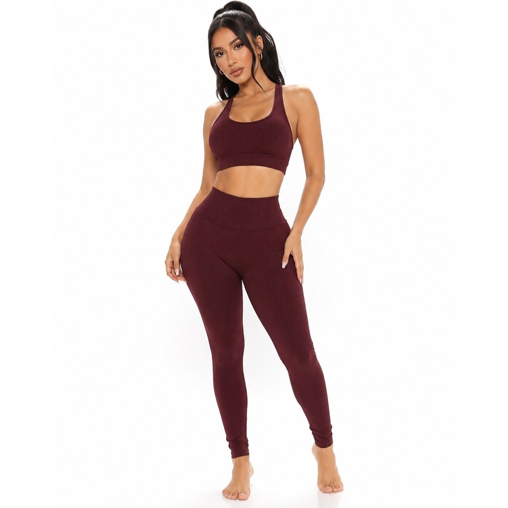 Good American Seamless Ribbed High Waisted Leggings Burgundy Port Size 1/2